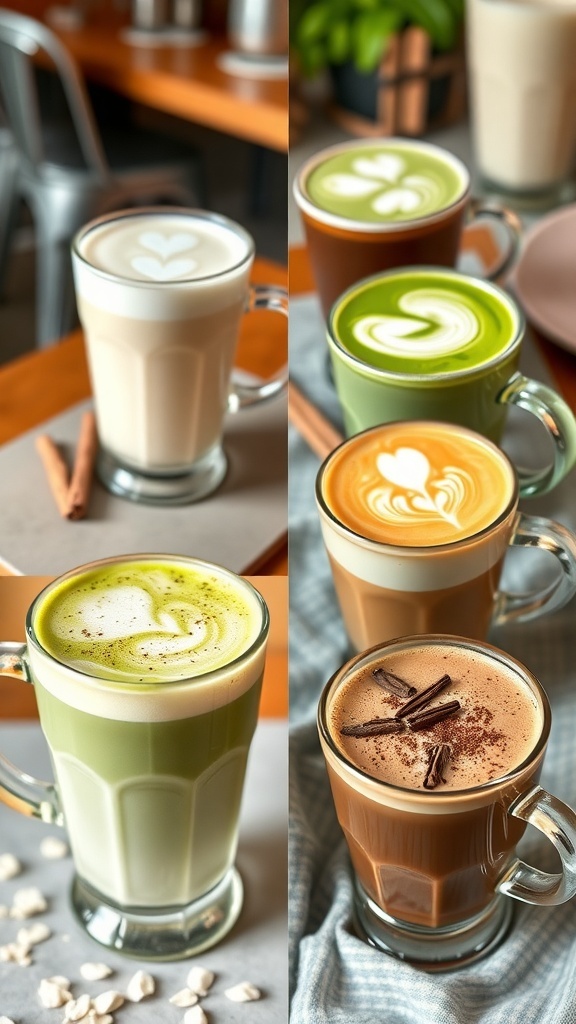 7 Delicious Brew Drinks with Oat Milk A variety of oat milk brew drinks including latte, matcha, chai, and hot chocolate.